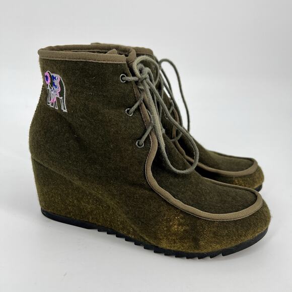 Sakroots Elephant Felted Wedge Booties Women 8.5 Green Lace Up Ankle Boot Heeled - Picture 1 of 11